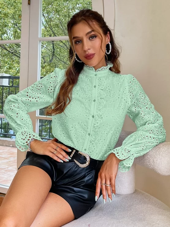 Simplee Eyelet Embroidery Flounce Sleeve Hem Shirt - Image 2