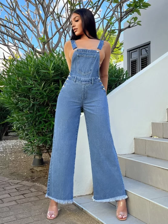 Raw Hem Denim Overalls Without Tank Top - Image 3
