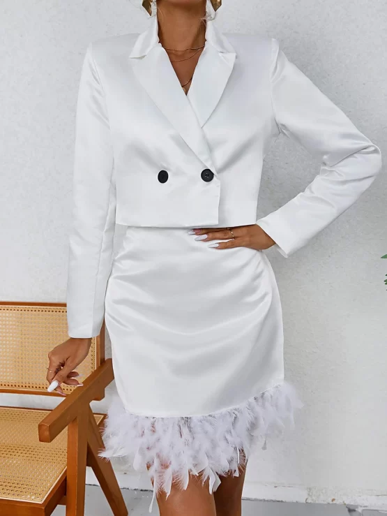 Double Button Crop Blazer & Fuzzy Trim Skirt - Image 2