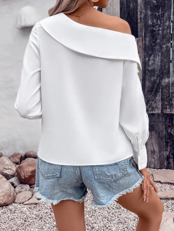 Solid Plain Sleeve Asymmetrical Neck Blouse - Image 3