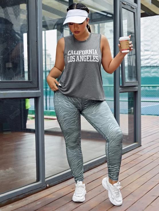 Plus Letter Graphic Tank Top & Zebra Striped Print Leggings