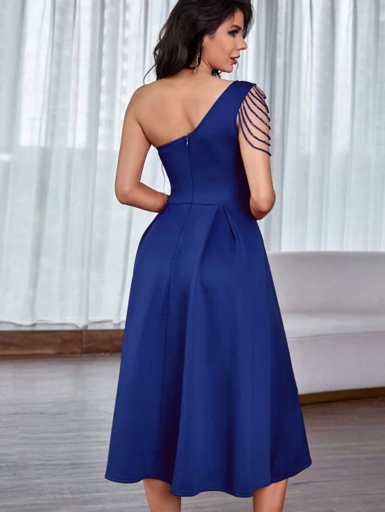 One Shoulder Cut Out Rhinestone Chain Detail Dress - Image 2