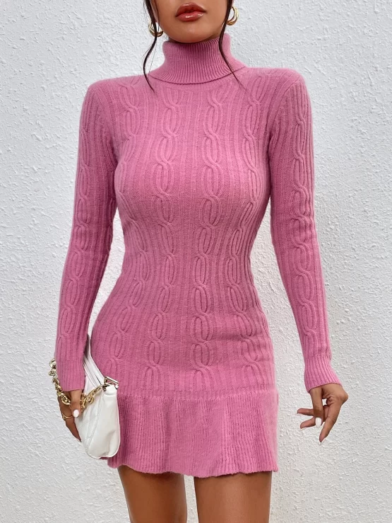 Turtleneck Ruffle Hem Cable Knit Sweater Dress
