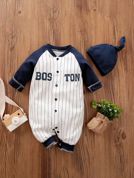 Yierying Baby Boy Button Front Striped & Letter Graphic Jumpsuit
