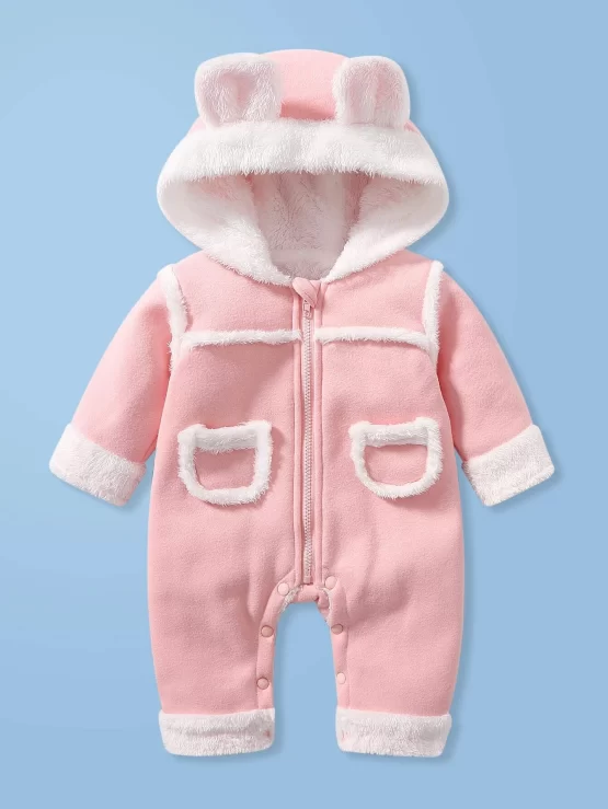 Baby Fuzzy Pocket Zipper Up Hooded Front Jumpsuit With Ears