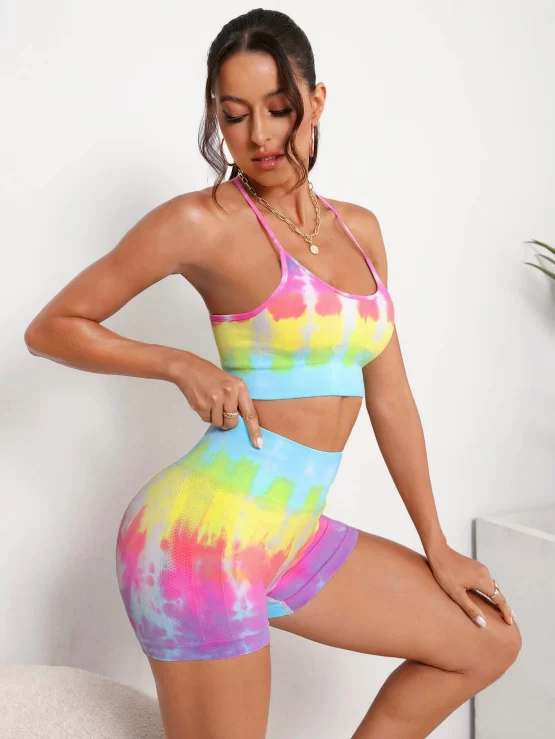 Tie Dye Criss Cross Backless Wide Waistband Sports Set