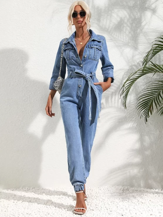 Flap Pocket Button Front Belted Denim Jumpsuit