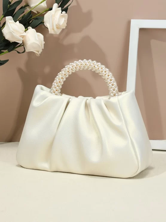 Faux Pearls Small Adjustable Decor Ruched Bag