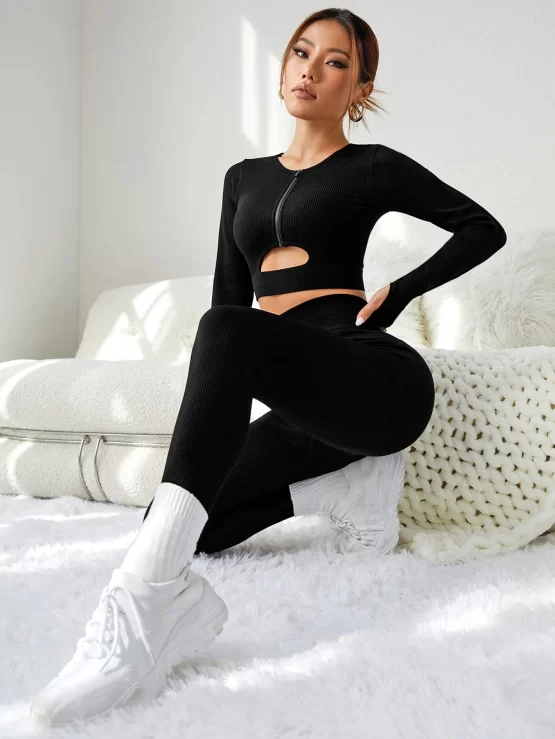 Cut Out Zipper Up Thumb Hole Sports Set