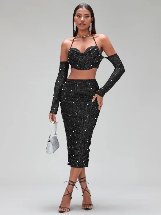 BAE Pearl Detail Draped Front Halter Top & Ruched Skirt Set