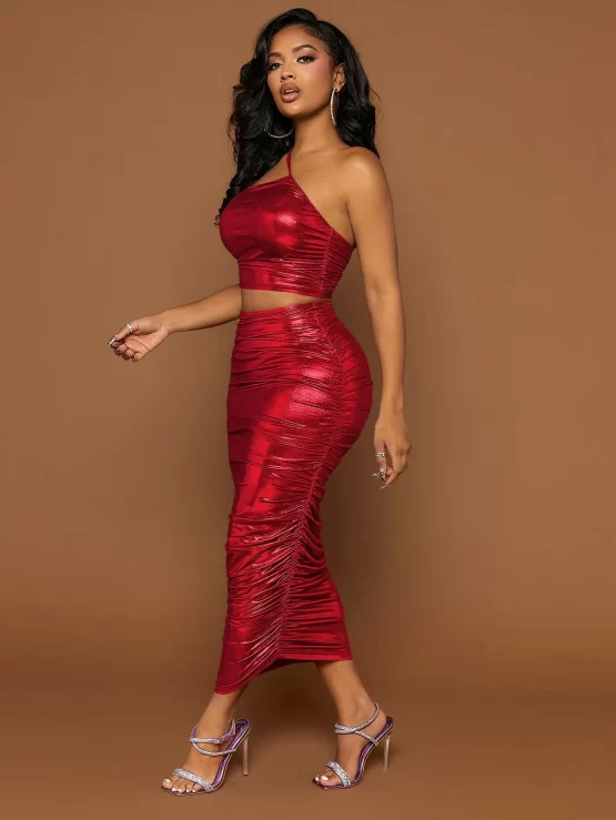 One Shoulder Crop Metallic Top & Ruched Pencil Skirt