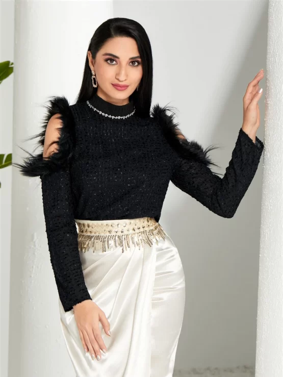 Modely Rhinestone Neckline Fuzzy Trim Cold Shoulder Top