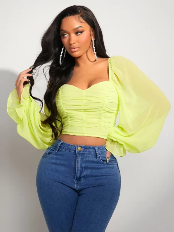 Sweetheart Neck Flounce Ruched Crop Sleeve Blouse