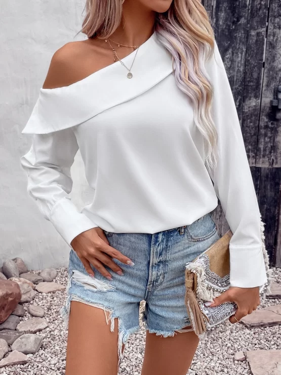 Solid Plain Sleeve Asymmetrical Neck Blouse