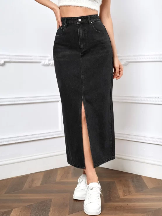 High Waist Button Pocket Split Denim Skirt