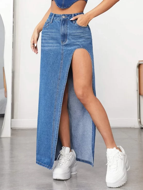High Waist Pocket Split Thigh Denim Skirt