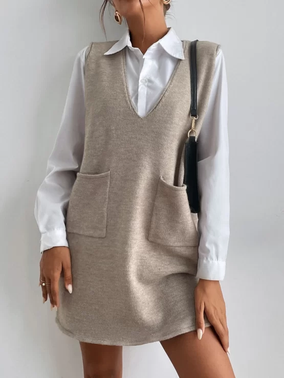 Dual Pocket Sleeveless Sweater Dress Without Blouse