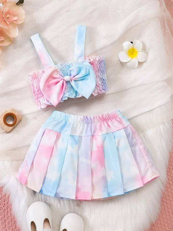Baby Tie Dye Bow Front Cami Top & Pleated Skirt