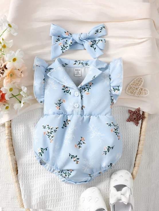 Baby Floral Print Ruffle Shirt Trim Bodysuit & Headband