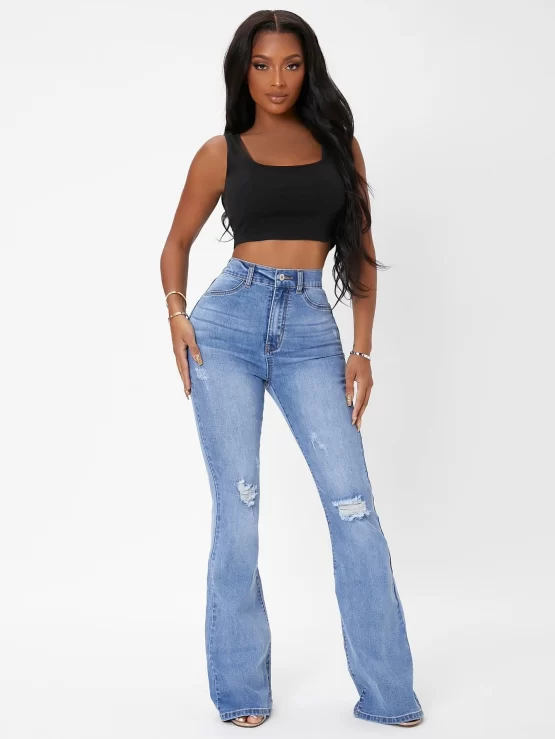 High Waist Zipper Fly Ripped Flared Leg Jeans