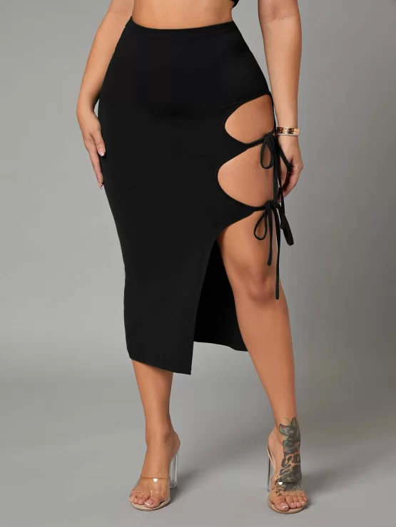 Solid Sexy Tie Side Pencil Split Thigh Skirt