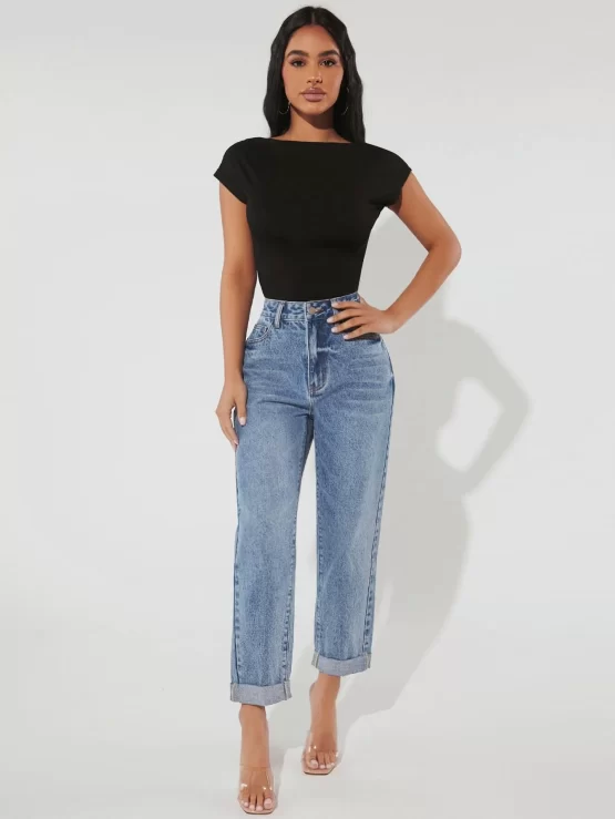 Slant Button Cropped Zipper Fly Pocket Jeans