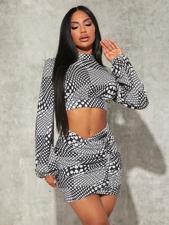 Polka Dot Print Mock Neck Crop Top & Bodycon Skirt