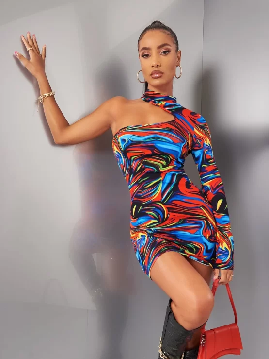 BAE Random All Over Print Asymmetrical Neck Bodycon Dress