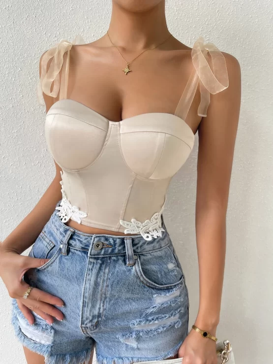 Lace Up Back Guipure Lace Panel Bustier Satin Cami Top