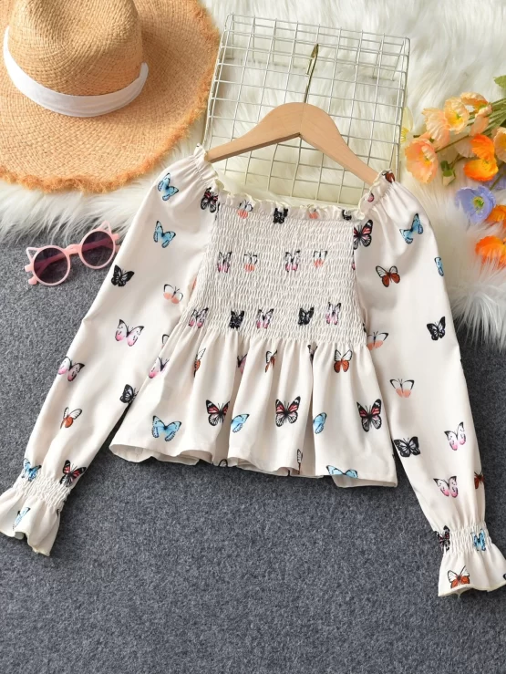 Girls Butterfly Print Flounce Sleeve Peplum Front Blouse