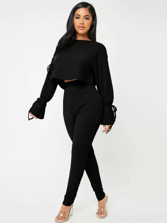 Knot Cuff Plain Rib Knit Tee & Leggings