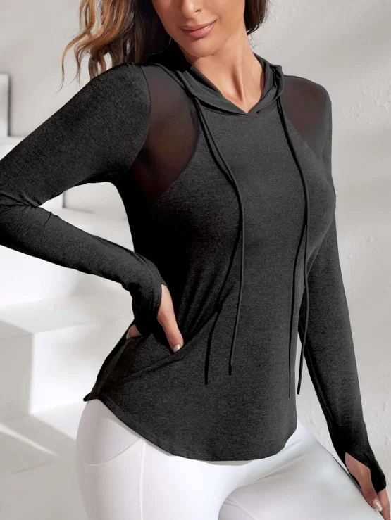Contrast Mesh Curved Hem Drawstring Sports Hoodie