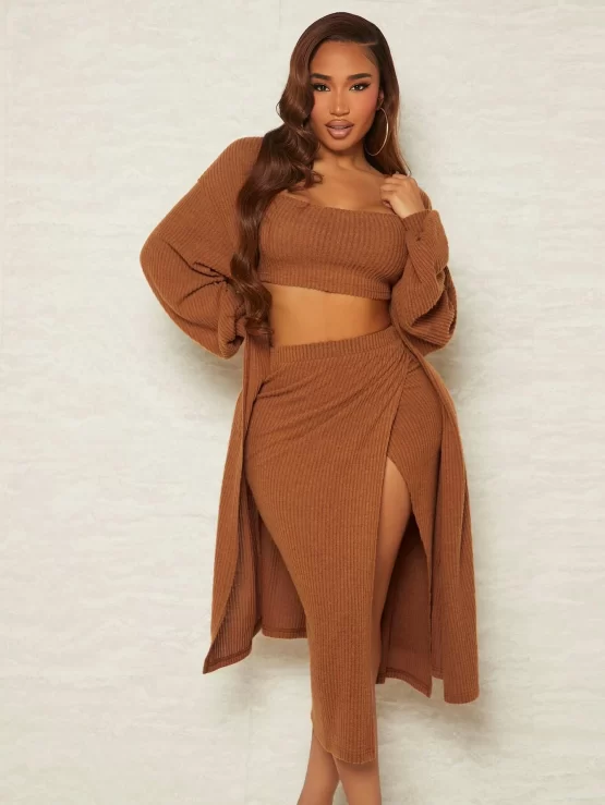 Solid Crop Cami Top & Split Thigh Skirt & Coat