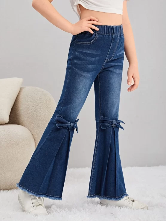Girls Bow Front Raw Hem Flare Leg Jeans