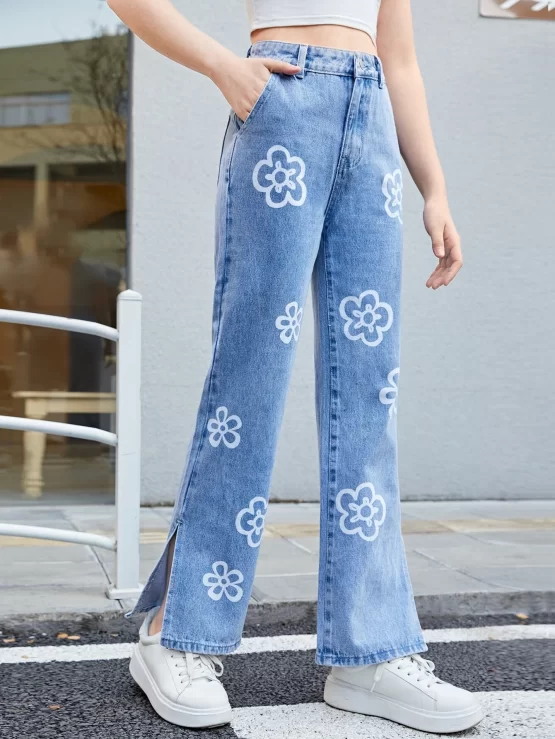 Teen Girls Floral Print Split Hem Flare Leg Jeans