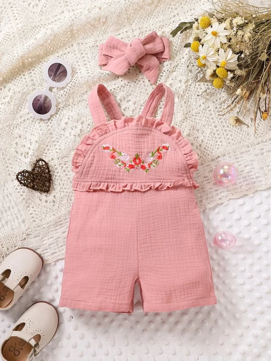 Baby Floral Embroidery Frill Trim Overall Romper With Headband