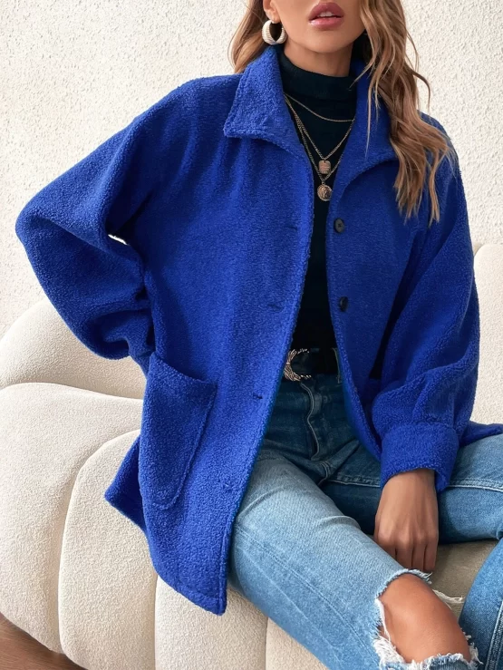 Drop Shoulder Front Dual Pockets Button Coat