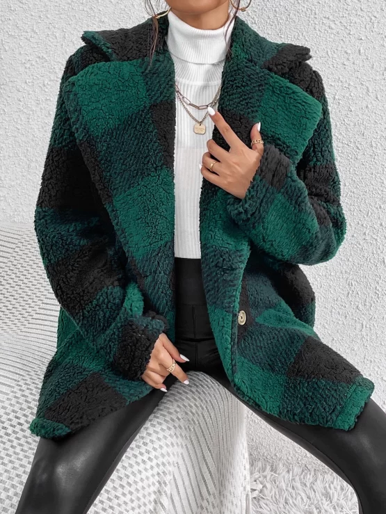 Unity Buffalo Plaid Pattern Lapel Neck Double Breasted Teddy Coat