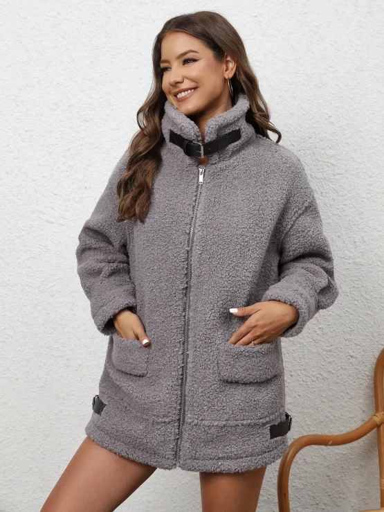 Drop Shoulder Flap Tape Pocket Teddy Coat