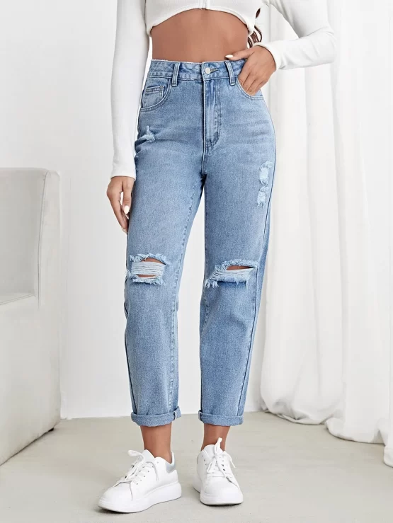 Light Wash Mom Fit Ripped High Waist Jeans