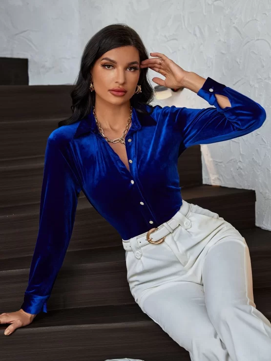 Collar Plain Party Button Front Velvet Shirt