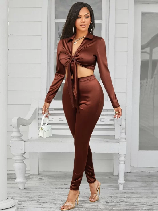 Knot Front Elegant Crop Satin Top & Pants