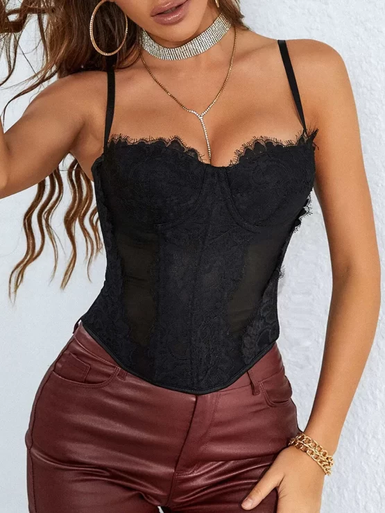 Apperloth A Contrast Mesh Grommet Lace Up Bustier Curved Hem Corset Cami Top