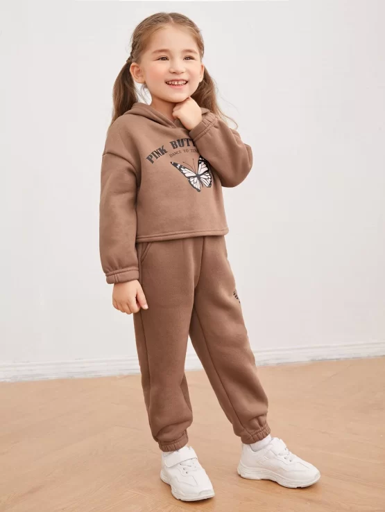 Toddler Girls Slogan & Butterfly Print Drop Shoulder Hoodie & Sweatpants