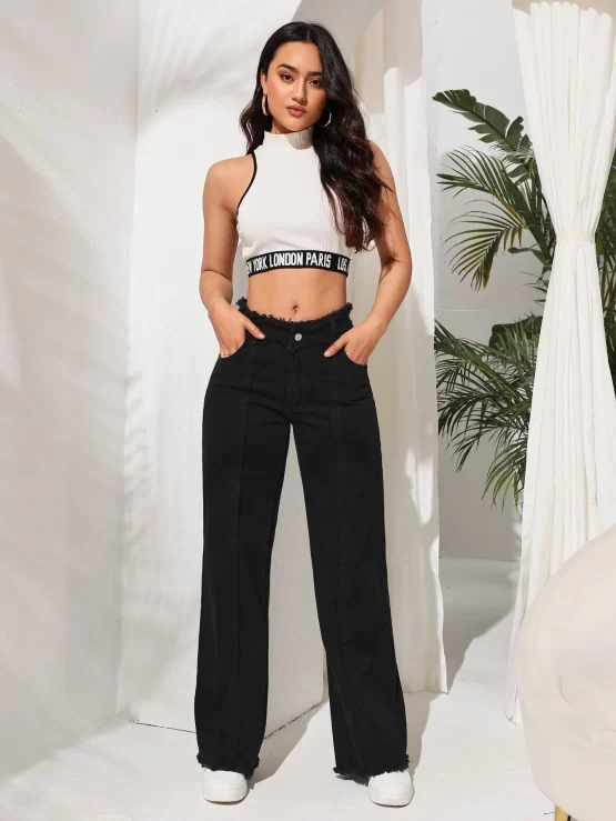 High Waist Button Frayed Trim Wide Leg Jeans