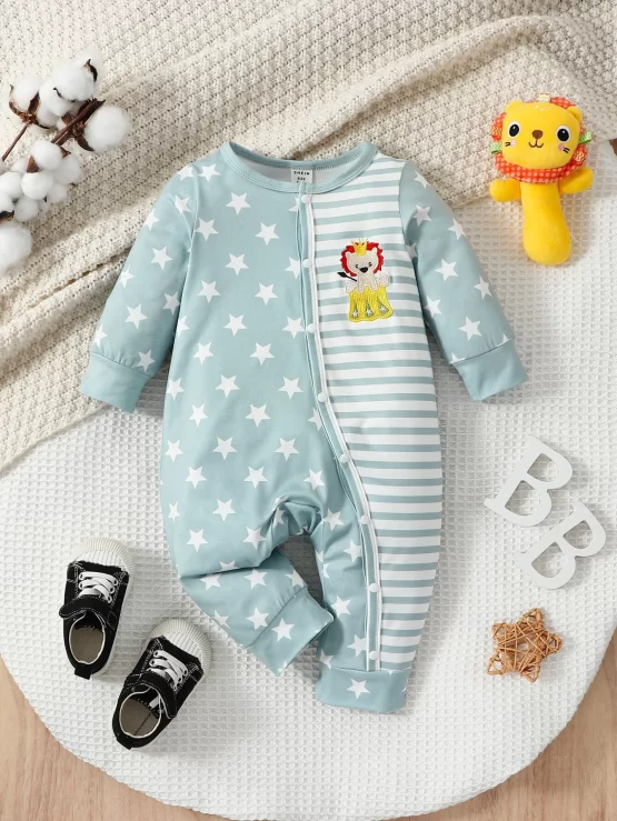 Baby Star & Striped Cartoon Embroidery Print Jumpsuit