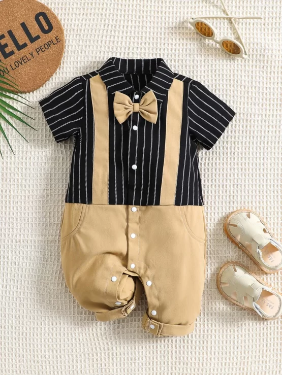 Baby Striped Bow Button 2 In 1 Front Jumpsuit