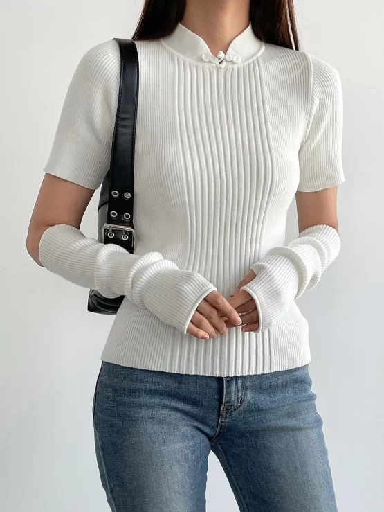 Dazy-Less Solid Mandarin Collar Ribbed Knit Top With Arm Sleeves