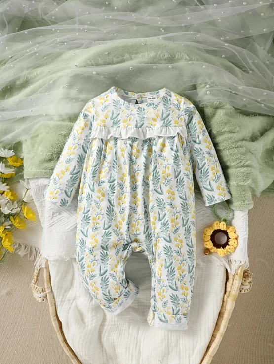 Baby Plant Floral Ruffle Trim Print Jumpsuit