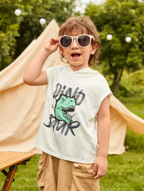 Toddler Boys Dinosaur & Letter Graphic Hooded Tank Front Top